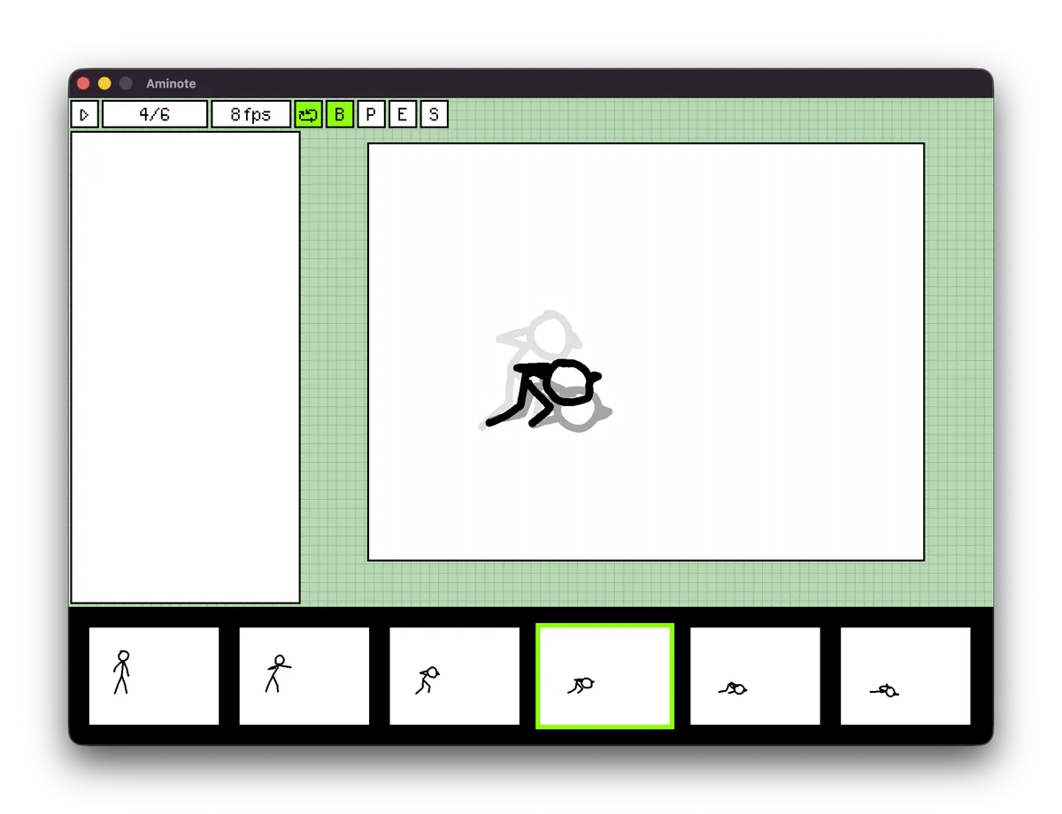 The Aminote editor: a stick figure mid-tumble with onion skinning, above a strip of six frames.